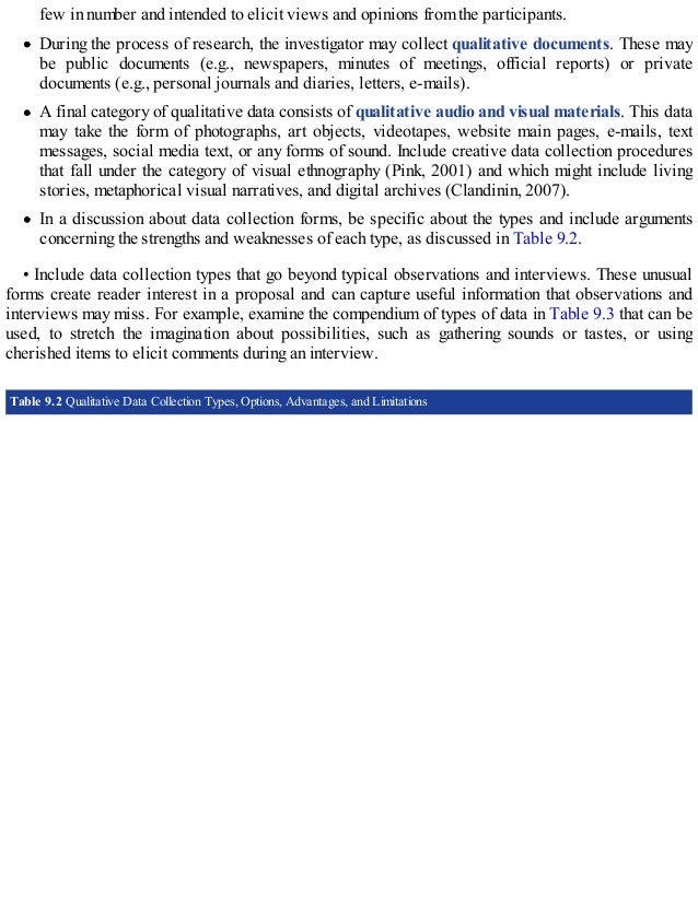 few in number and intended to elicit views and opinions from the participants.
During the process of research, the investigator may collect qualitative documents. These may
be public documents (e.g., newspapers, minutes of meetings, official reports) or private
documents (e.g., personal journals and diaries, letters, e-mails).
A final category of qualitative data consists of qualitative audio and visual materials. This data
may take the form of photographs, art objects, videotapes, website main pages, e-mails, text
messages, social media text, or any forms of sound. Include creative data collection procedures
that fall under the category of visual ethnography (Pink, 2001) and which might include living
stories, metaphorical visual narratives, and digital archives (Clandinin, 2007).
In a discussion about data collection forms, be specific about the types and include arguments
concerning the strengths and weaknesses of each type, as discussed in Table 9.2.
• Include data collection types that go beyond typical observations and interviews. These unusual
forms create reader interest in a proposal and can capture useful information that observations and
interviews may miss. For example, examine the compendium of types of data in Table 9.3 that can be
used, to stretch the imagination about possibilities, such as gathering sounds or tastes, or using
cherished items to elicit comments during an interview.
Table 9.2 Qualitative Data Collection Types, Options, Advantages, and Limitations
 