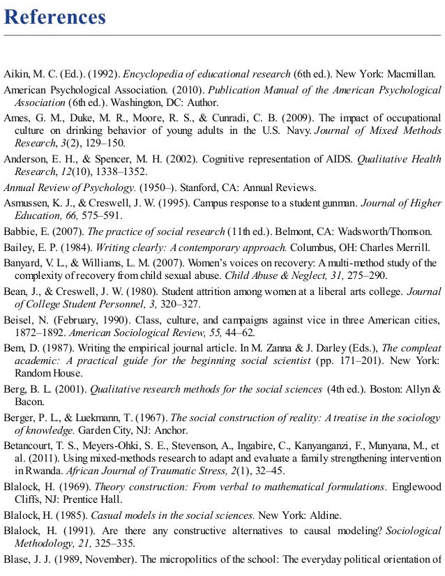 References
Aikin, M. C. (Ed.). (1992). Encyclopedia of educational research (6th ed.). New York: Macmillan.
American Psychological Association. (2010). Publication Manual of the American Psychological
Association (6th ed.). Washington, DC: Author.
Ames, G. M., Duke, M. R., Moore, R. S., & Cunradi, C. B. (2009). The impact of occupational
culture on drinking behavior of young adults in the U.S. Navy. Journal of Mixed Methods
Research, 3(2), 129–150.
Anderson, E. H., & Spencer, M. H. (2002). Cognitive representation of AIDS. Qualitative Health
Research, 12(10), 1338–1352.
Annual Review of Psychology. (1950–). Stanford, CA: Annual Reviews.
Asmussen, K. J., & Creswell, J. W. (1995). Campus response to a student gunman. Journal of Higher
Education, 66, 575–591.
Babbie, E. (2007). The practice of social research (11th ed.). Belmont, CA: Wadsworth/Thomson.
Bailey, E. P. (1984). Writing clearly: A contemporary approach. Columbus, OH: Charles Merrill.
Banyard, V
. L., & Williams, L. M. (2007). Women’s voices on recovery: A multi-method study of the
complexity of recovery from child sexual abuse. Child Abuse & Neglect, 31, 275–290.
Bean, J., & Creswell, J. W. (1980). Student attrition among women at a liberal arts college. Journal
of College Student Personnel, 3, 320–327.
Beisel, N. (February, 1990). Class, culture, and campaigns against vice in three American cities,
1872–1892. American Sociological Review, 55, 44–62.
Bem, D. (1987). Writing the empirical journal article. In M. Zanna & J. Darley (Eds.), The compleat
academic: A practical guide for the beginning social scientist (pp. 171–201). New York:
Random House.
Berg, B. L. (2001). Qualitative research methods for the social sciences (4th ed.). Boston: Allyn &
Bacon.
Berger, P. L., & Luekmann, T. (1967). The social construction of reality: A treatise in the sociology
of knowledge. Garden City, NJ: Anchor.
Betancourt, T. S., Meyers-Ohki, S. E., Stevenson, A., Ingabire, C., Kanyanganzi, F., Munyana, M., et
al. (2011). Using mixed-methods research to adapt and evaluate a family strengthening intervention
in Rwanda. African Journal of Traumatic Stress, 2(1), 32–45.
Blalock, H. (1969). Theory construction: From verbal to mathematical formulations. Englewood
Cliffs, NJ: Prentice Hall.
Blalock, H. (1985). Casual models in the social sciences. New York: Aldine.
Blalock, H. (1991). Are there any constructive alternatives to causal modeling? Sociological
Methodology, 21, 325–335.
Blase, J. J. (1989, November). The micropolitics of the school: The everyday political orientation of
 