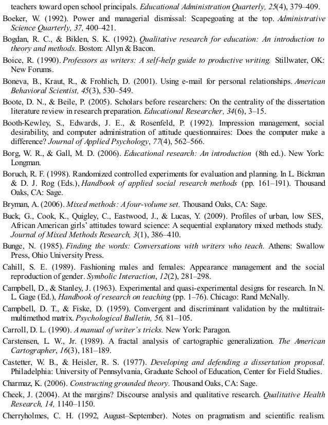teachers toward open school principals. Educational Administration Quarterly, 25(4), 379–409.
Boeker, W. (1992). Power and managerial dismissal: Scapegoating at the top. Administrative
Science Quarterly, 37, 400–421.
Bogdan, R. C., & Biklen, S. K. (1992). Qualitative research for education: An introduction to
theory and methods. Boston: Allyn & Bacon.
Boice, R. (1990). Professors as writers: A self-help guide to productive writing. Stillwater, OK:
New Forums.
Boneva, B., Kraut, R., & Frohlich, D. (2001). Using e-mail for personal relationships. American
Behavioral Scientist, 45(3), 530–549.
Boote, D. N., & Beile, P. (2005). Scholars before researchers: On the centrality of the dissertation
literature review in research preparation. Educational Researcher, 34(6), 3–15.
Booth-Kewley, S., Edwards, J. E., & Rosenfeld, P. (1992). Impression management, social
desirability, and computer administration of attitude questionnaires: Does the computer make a
difference? Journal of Applied Psychology, 77(4), 562–566.
Borg, W. R., & Gall, M. D. (2006). Educational research: An introduction (8th ed.). New York:
Longman.
Boruch, R. F. (1998). Randomized controlled experiments for evaluation and planning. In L. Bickman
& D. J. Rog (Eds.), Handbook of applied social research methods (pp. 161–191). Thousand
Oaks, CA: Sage.
Bryman, A. (2006). Mixed methods: A four-volume set. Thousand Oaks, CA: Sage.
Buck, G., Cook, K., Quigley, C., Eastwood, J., & Lucas, Y. (2009). Profiles of urban, low SES,
African American girls’ attitudes toward science: A sequential explanatory mixed methods study.
Journal of Mixed Methods Research, 3(1), 386–410.
Bunge, N. (1985). Finding the words: Conversations with writers who teach. Athens: Swallow
Press, Ohio University Press.
Cahill, S. E. (1989). Fashioning males and females: Appearance management and the social
reproduction of gender. Symbolic Interaction, 12(2), 281–298.
Campbell, D., & Stanley, J. (1963). Experimental and quasi-experimental designs for research. In N.
L. Gage (Ed.), Handbook of research on teaching (pp. 1–76). Chicago: Rand McNally.
Campbell, D. T., & Fiske, D. (1959). Convergent and discriminant validation by the multitrait-
multimethod matrix. Psychological Bulletin, 56, 81–105.
Carroll, D. L. (1990). A manual of writer’s tricks. New York: Paragon.
Carstensen, L. W., Jr. (1989). A fractal analysis of cartographic generalization. The American
Cartographer, 16(3), 181–189.
Castetter, W. B., & Heisler, R. S. (1977). Developing and defending a dissertation proposal.
Philadelphia: University of Pennsylvania, Graduate School of Education, Center for Field Studies.
Charmaz, K. (2006). Constructing grounded theory. Thousand Oaks, CA: Sage.
Cheek, J. (2004). At the margins? Discourse analysis and qualitative research. Qualitative Health
Research, 14, 1140–1150.
Cherryholmes, C. H. (1992, August–September). Notes on pragmatism and scientific realism.
 