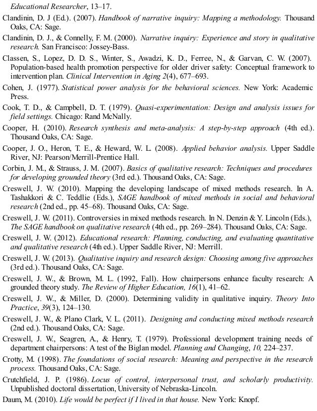 Educational Researcher, 13–17.
Clandinin, D. J (Ed.). (2007). Handbook of narrative inquiry: Mapping a methodology. Thousand
Oaks, CA: Sage.
Clandinin, D. J., & Connelly, F. M. (2000). Narrative inquiry: Experience and story in qualitative
research. San Francisco: Jossey-Bass.
Classen, S., Lopez, D. D. S., Winter, S., Awadzi, K. D., Ferree, N., & Garvan, C. W. (2007).
Population-based health promotion perspective for older driver safety: Conceptual framework to
intervention plan. Clinical Intervention in Aging 2(4), 677–693.
Cohen, J. (1977). Statistical power analysis for the behavioral sciences. New York: Academic
Press.
Cook, T. D., & Campbell, D. T. (1979). Quasi-experimentation: Design and analysis issues for
field settings. Chicago: Rand McNally.
Cooper, H. (2010). Research synthesis and meta-analysis: A step-by-step approach (4th ed.).
Thousand Oaks, CA: Sage.
Cooper, J. O., Heron, T. E., & Heward, W. L. (2008). Applied behavior analysis. Upper Saddle
River, NJ: Pearson/Merrill-Prentice Hall.
Corbin, J. M., & Strauss, J. M. (2007). Basics of qualitative research: Techniques and procedures
for developing grounded theory (3rd ed.). Thousand Oaks, CA: Sage.
Creswell, J. W. (2010). Mapping the developing landscape of mixed methods research. In A.
Tashakkori & C. Teddlie (Eds.), SAGE handbook of mixed methods in social and behavioral
research (2nd ed., pp. 45–68). Thousand Oaks, CA: Sage.
Creswell, J. W. (2011). Controversies in mixed methods research. In N. Denzin & Y. Lincoln (Eds.),
The SAGE handbook on qualitative research (4th ed., pp. 269–284). Thousand Oaks, CA: Sage.
Creswell, J. W. (2012). Educational research: Planning, conducting, and evaluating quantitative
and qualitative research (4th ed.). Upper Saddle River, NJ: Merrill.
Creswell, J. W. (2013). Qualitative inquiry and research design: Choosing among five approaches
(3rd ed.). Thousand Oaks, CA: Sage.
Creswell, J. W., & Brown, M. L. (1992, Fall). How chairpersons enhance faculty research: A
grounded theory study. The Review of Higher Education, 16(1), 41–62.
Creswell, J. W., & Miller, D. (2000). Determining validity in qualitative inquiry. Theory Into
Practice, 39(3), 124–130.
Creswell, J. W., & Plano Clark, V
. L. (2011). Designing and conducting mixed methods research
(2nd ed.). Thousand Oaks, CA: Sage.
Creswell, J. W., Seagren, A., & Henry, T. (1979). Professional development training needs of
department chairpersons: A test of the Biglan model. Planning and Changing, 10, 224–237.
Crotty, M. (1998). The foundations of social research: Meaning and perspective in the research
process. Thousand Oaks, CA: Sage.
Crutchfield, J. P. (1986). Locus of control, interpersonal trust, and scholarly productivity.
Unpublished doctoral dissertation, University of Nebraska-Lincoln.
Daum, M. (2010). Life would be perfect if I lived in that house. New York: Knopf.
 