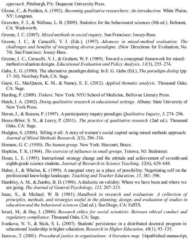 approach. Pittsburgh, PA: Duquesne University Press.
Glesne, C., & Peshkin, A. (1992). Becoming qualitative researchers: An introduction. White Plains,
NY: Longman.
Gravetter, F. J., & Wallnau, L. B. (2009). Statistics for the behavioural sciences (8th ed.). Belmont,
CA: Wadsworth.
Greene, J. C. (2007). Mixed methods in social inquiry. San Francisco: Jossey-Bass.
Greene, J. C., & Caracelli, V
. J. (Eds.). (1997). Advances in mixed-method evaluation: The
challenges and benefits of integrating diverse paradigms. (New Directions for Evaluation, No.
74). San Francisco: Jossey-Bass.
Greene, J. C., Caracelli, V
. J., & Graham, W. F. (1989). Toward a conceptual framework for mixed-
method evaluation designs. Educational Evaluation and Policy Analysis, 11(3), 255–274.
Guba, E. G. (1990). The alternative paradigm dialog. In E. G. Guba (Ed.), The paradigm dialog (pp.
17–30). Newbury Park, CA: Sage.
Guest, G., MacQueen, K. M., & Namey, E. E. (2012). Applied thematic analysis. Thousand Oaks,
CA: Sage.
Harding, P. (2009). Tinkers. New York: NYU School of Medicine, Bellevue Literary Press.
Hatch, J. A. (2002). Doing qualitative research in educational settings. Albany: State University of
New York Press.
Heron, J., & Reason, P. (1997). A participatory inquiry paradigm. Qualitative Inquiry, 3, 274–294.
Hesse-Biber, S. N., & Leavy, P. (2011). The practice of qualitative research (2nd ed.). Thousand
Oaks, CA: Sage.
Hodgkin, S. (2008). Telling it all: A story of women’s social capital using mixed methods approach.
Journal of Mixed Methods Research, 2(3), 296–316.
Homans, G. C. (1950). The human group. New York: Harcourt, Brace.
Hopkins, T. K. (1964). The exercise of influence in small groups. Totowa, NJ: Bedmister.
Houtz, L. E. (1995). Instructional strategy change and the attitude and achievement of seventh-and
eighth-grade science students. Journal of Research in Science Teaching, 32(6), 629–648.
Huber, J., & Whelan, K. (1999). A marginal story as a place of possibility: Negotiating self on the
professional knowledge landscape. Teaching and Teacher Education, 15, 381–396.
Humbley, A. M., & Zumbo, B. D. (1996). A dialectic on validity: Where we have been and where we
are going. The Journal of General Psychology, 123, 207–215.
Isaac, S., & Michael, W. B. (1981). Handbook in research and evaluation: A collection of
principles, methods, and strategies useful in the planning, design, and evaluation of studies in
education and the behavioral sciences (2nd ed.). San Diego, CA: EdITS.
Israel, M., & Hay, I. (2006). Research ethics for social scientists: Between ethical conduct and
regulatory compliance. Thousand Oaks, CA: Sage.
Ivankova, N. V
., & Stick, S. L. (2007). Students’ persistence in a distributed doctoral program in
educational leadership in higher education. Research in Higher Education, 48(1), 93–135.
Janovec, T. (2001). Procedural justice in organizations: A literature map. Unpublished manuscript,
 