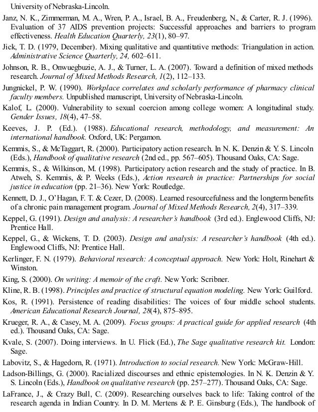University of Nebraska-Lincoln.
Janz, N. K., Zimmerman, M. A., Wren, P. A., Israel, B. A., Freudenberg, N., & Carter, R. J. (1996).
Evaluation of 37 AIDS prevention projects: Successful approaches and barriers to program
effectiveness. Health Education Quarterly, 23(1), 80–97.
Jick, T. D. (1979, December). Mixing qualitative and quantitative methods: Triangulation in action.
Administrative Science Quarterly, 24, 602–611.
Johnson, R. B., Onwuegbuzie, A. J., & Turner, L. A. (2007). Toward a definition of mixed methods
research. Journal of Mixed Methods Research, 1(2), 112–133.
Jungnickel, P. W. (1990). Workplace correlates and scholarly performance of pharmacy clinical
faculty members. Unpublished manuscript, University of Nebraska-Lincoln.
Kalof, L. (2000). Vulnerability to sexual coercion among college women: A longitudinal study.
Gender Issues, 18(4), 47–58.
Keeves, J. P. (Ed.). (1988). Educational research, methodology, and measurement: An
international handbook. Oxford, UK: Pergamon.
Kemmis, S., & McTaggart, R. (2000). Participatory action research. In N. K. Denzin & Y. S. Lincoln
(Eds.), Handbook of qualitative research (2nd ed., pp. 567–605). Thousand Oaks, CA: Sage.
Kemmis, S., & Wilkinson, M. (1998). Participatory action research and the study of practice. In B.
Atweh, S. Kemmis, & P. Weeks (Eds.), Action research in practice: Partnerships for social
justice in education (pp. 21–36). New York: Routledge.
Kennett, D. J., O’Hagan, F. T. & Cezer, D. (2008). Learned resourcefulness and the longterm benefits
of a chronic pain management program. Journal of Mixed Methods Research, 2(4), 317–339.
Keppel, G. (1991). Design and analysis: A researcher’s handbook (3rd ed.). Englewood Cliffs, NJ:
Prentice Hall.
Keppel, G., & Wickens, T. D. (2003). Design and analysis: A researcher’s handbook (4th ed.).
Englewood Cliffs, NJ: Prentice Hall.
Kerlinger, F. N. (1979). Behavioral research: A conceptual approach. New York: Holt, Rinehart &
Winston.
King, S. (2000). On writing: A memoir of the craft. New York: Scribner.
Kline, R. B. (1998). Principles and practice of structural equation modeling. New York: Guilford.
Kos, R. (1991). Persistence of reading disabilities: The voices of four middle school students.
American Educational Research Journal, 28(4), 875–895.
Krueger, R. A., & Casey, M. A. (2009). Focus groups: A practical guide for applied research (4th
ed.). Thousand Oaks, CA: Sage.
Kvale, S. (2007). Doing interviews. In U. Flick (Ed.), The Sage qualitative research kit. London:
Sage.
Labovitz, S., & Hagedorn, R. (1971). Introduction to social research. New York: McGraw-Hill.
Ladson-Billings, G. (2000). Racialized discourses and ethnic epistemologies. In N. K. Denzin & Y.
S. Lincoln (Eds.), Handbook on qualitative research (pp. 257–277). Thousand Oaks, CA: Sage.
LaFrance, J., & Crazy Bull, C. (2009). Researching ourselves back to life: Taking control of the
research agenda in Indian Country. In D. M. Mertens & P. E. Ginsburg (Eds.), The handbook of
 