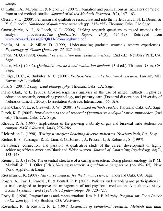 Lange.
O’Cathain, A., Murphy, E., & Nicholl, J. (2007). Integration and publications as indicators of “yield”
from mixed methods studies. Journal of Mixed Methods Research, 1(2), 147–163.
Olesen, V
. L. (2000). Feminism and qualitative research at and into the millennium. In N. L. Denzin &
Y. S. Lincoln, Handbook of qualitative research (pp. 215–255). Thousand Oaks, CA: Sage.
Onwuegbuzie, A. J., & Leech, N. L. (2006). Linking research questions to mixed methods data
analysis procedures. The Qualitative Report, 11(3), 474–498. Retrieved from
www.nova.edu/ssss/QR/QR11-3/onwuegbuzie.pdf.
Padula, M. A., & Miller, D. (1999). Understanding graduate women’s reentry experiences.
Psychology of Women Quarterly, 23, 327–343.
Patton, M. Q. (1990). Qualitative evaluation and research methods (2nd ed.). Newbury Park, CA:
Sage.
Patton, M. Q. (2002). Qualitative research and evaluation methods (3rd ed.). Thousand Oaks, CA:
Sage.
Phillips, D. C., & Burbules, N. C. (2000). Postpositivism and educational research. Lanham, MD:
Rowman & Littlefield.
Pink, S. (2001). Doing visual ethnography. Thousand Oaks, CA: Sage.
Plano Clark, V
. L. (2005). Cross-disciplinary analysis of the use of mixed methods in physics
education research, counseling psychology, and primary care (Doctoral dissertation, University of
Nebraska–Lincoln, 2005). Dissertation Abstracts International, 66, 02A.
Plano Clark, V. L., & Creswell, J. W. (2008). The mixed methods reader. Thousand Oaks, CA: Sage.
Punch, K. F. (2005). Introduction to social research: Quantitative and qualitative approaches (2nd
ed.). Thousand Oaks, CA: Sage.
Rhoads, R. A. (1997). Implications of the growing visibility of gay and bisexual male students on
campus. NASPA Journal, 34(4), 275–286.
Richardson, L. (1990). Writing strategies: Reaching diverse audiences. Newbury Park, CA: Sage.
Richie, B. S., Fassinger, R. E., Linn, S. G., Johnson, J., Prosser, J., & Robinson, S. (1997).
Persistence, connection, and passion: A qualitative study of the career development of highly
achieving African American-Black and White women. Journal of Counseling Psychology, 44(2),
133–148.
Riemen, D. J. (1986). The essential structure of a caring interaction: Doing phenomenology. In P. M.
Munhall & C. J. Oiler (Eds.), Nursing research: A qualitative perspective (pp. 85–105). New
York: Appleton & Lange.
Riessman, C. K. (2008). Narrative methods for the human sciences. Thousand Oaks, CA: Sage.
Rogers, A., Day, J., Randall, F., & Bentall, R. P. (2003). Patients’ understanding and participation in
a trial designed to improve the management of anti-psychotic medication: A qualitative study.
Social Psychiatry and Psychiatric Epidemiology, 38, 720–727.
Rorty, R. (1990). Pragmatism as anti-representationalism. In J. P. Murphy, Pragmatism: From Peirce
to Davison (pp. 1–6). Boulder, CO: Westview.
Rosenthal, R., & Rosnow, R. L. (1991). Essentials of behavioral research: Methods and data
 