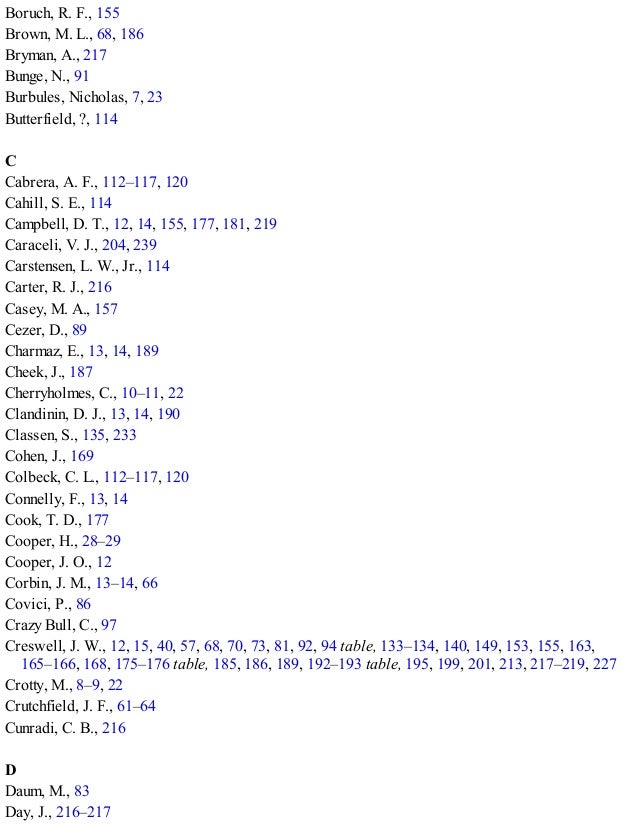 Boruch, R. F., 155
Brown, M. L., 68, 186
Bryman, A., 217
Bunge, N., 91
Burbules, Nicholas, 7, 23
Butterfield, ?, 114
C
Cabrera, A. F., 112–117, 120
Cahill, S. E., 114
Campbell, D. T., 12, 14, 155, 177, 181, 219
Caraceli, V. J., 204, 239
Carstensen, L. W., Jr., 114
Carter, R. J., 216
Casey, M. A., 157
Cezer, D., 89
Charmaz, E., 13, 14, 189
Cheek, J., 187
Cherryholmes, C., 10–11, 22
Clandinin, D. J., 13, 14, 190
Classen, S., 135, 233
Cohen, J., 169
Colbeck, C. L., 112–117, 120
Connelly, F., 13, 14
Cook, T. D., 177
Cooper, H., 28–29
Cooper, J. O., 12
Corbin, J. M., 13–14, 66
Covici, P., 86
Crazy Bull, C., 97
Creswell, J. W., 12, 15, 40, 57, 68, 70, 73, 81, 92, 94 table, 133–134, 140, 149, 153, 155, 163,
165–166, 168, 175–176 table, 185, 186, 189, 192–193 table, 195, 199, 201, 213, 217–219, 227
Crotty, M., 8–9, 22
Crutchfield, J. F., 61–64
Cunradi, C. B., 216
D
Daum, M., 83
Day, J., 216–217
 