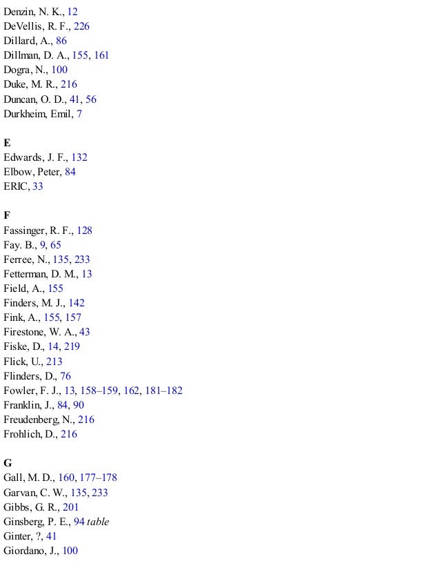 Denzin, N. K., 12
DeVellis, R. F., 226
Dillard, A., 86
Dillman, D. A., 155, 161
Dogra, N., 100
Duke, M. R., 216
Duncan, O. D., 41, 56
Durkheim, Emil, 7
E
Edwards, J. F., 132
Elbow, Peter, 84
ERIC, 33
F
Fassinger, R. F., 128
Fay. B., 9, 65
Ferree, N., 135, 233
Fetterman, D. M., 13
Field, A., 155
Finders, M. J., 142
Fink, A., 155, 157
Firestone, W. A., 43
Fiske, D., 14, 219
Flick, U., 213
Flinders, D., 76
Fowler, F. J., 13, 158–159, 162, 181–182
Franklin, J., 84, 90
Freudenberg, N., 216
Frohlich, D., 216
G
Gall, M. D., 160, 177–178
Garvan, C. W., 135, 233
Gibbs, G. R., 201
Ginsberg, P. E., 94 table
Ginter, ?, 41
Giordano, J., 100
 