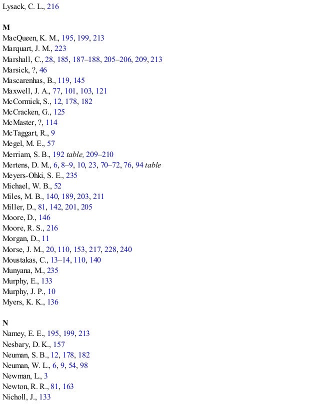 Lysack, C. L., 216
M
MacQueen, K. M., 195, 199, 213
Marquart, J. M., 223
Marshall, C., 28, 185, 187–188, 205–206, 209, 213
Marsick, ?, 46
Mascarenhas, B., 119, 145
Maxwell, J. A., 77, 101, 103, 121
McCormick, S., 12, 178, 182
McCracken, G., 125
McMaster, ?, 114
McTaggart, R., 9
Megel, M. E., 57
Merriam, S. B., 192 table, 209–210
Mertens, D. M., 6, 8–9, 10, 23, 70–72, 76, 94 table
Meyers-Ohki, S. E., 235
Michael, W. B., 52
Miles, M. B., 140, 189, 203, 211
Miller, D., 81, 142, 201, 205
Moore, D., 146
Moore, R. S., 216
Morgan, D., 11
Morse, J. M., 20, 110, 153, 217, 228, 240
Moustakas, C., 13–14, 110, 140
Munyana, M., 235
Murphy, E., 133
Murphy, J. P., 10
Myers, K. K., 136
N
Namey, E. E., 195, 199, 213
Nesbary, D. K., 157
Neuman, S. B., 12, 178, 182
Neuman, W. L., 6, 9, 54, 98
Newman, L., 3
Newton, R. R., 81, 163
Nicholl, J., 133
 