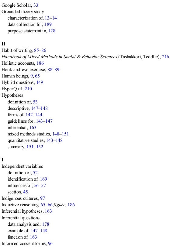 Google Scholar, 33
Grounded theory study
characterization of, 13–14
data collection for, 189
purpose statement in, 128
H
Habit of writing, 85–86
Handbook of Mixed Methods in Social & Behavior Sciences (Tashakkori, Teddlie), 216
Holistic accounts, 186
Hook-and-eye exercise, 88–89
Human beings, 9, 65
Hybrid questions, 149
HyperQual, 210
Hypotheses
definition of, 53
descriptive, 147–148
forms of, 142–144
guidelines for, 143–147
inferential, 163
mixed methods studies, 148–151
quantitative studies, 143–148
summary, 151–152
I
Independent variables
definition of, 52
identification of, 169
influences of, 56–57
section, 45
Indigenous cultures, 97
Inductive reasoning, 65, 66 figure, 186
Inferential hypotheses, 163
Inferential questions
data analysis and, 178
example of, 147–148
function of, 163
Informed consent forms, 96
 