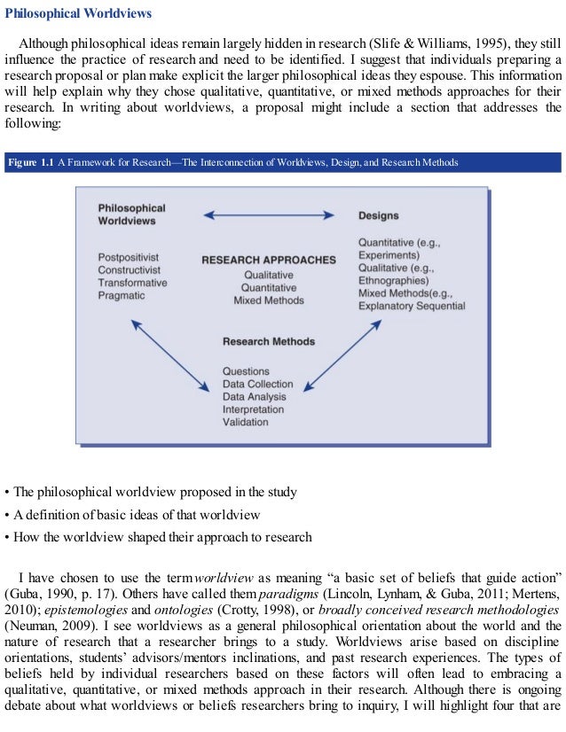 Philosophical Worldviews
Although philosophical ideas remain largely hidden in research (Slife & Williams, 1995), they still
influence the practice of research and need to be identified. I suggest that individuals preparing a
research proposal or plan make explicit the larger philosophical ideas they espouse. This information
will help explain why they chose qualitative, quantitative, or mixed methods approaches for their
research. In writing about worldviews, a proposal might include a section that addresses the
following:
Figure 1.1 A Framework for Research—The Interconnection of Worldviews, Design, and Research Methods
• The philosophical worldview proposed in the study
• A definition of basic ideas of that worldview
• How the worldview shaped their approach to research
I have chosen to use the term worldview as meaning “a basic set of beliefs that guide action”
(Guba, 1990, p. 17). Others have called them paradigms (Lincoln, Lynham, & Guba, 2011; Mertens,
2010); epistemologies and ontologies (Crotty, 1998), or broadly conceived research methodologies
(Neuman, 2009). I see worldviews as a general philosophical orientation about the world and the
nature of research that a researcher brings to a study. Worldviews arise based on discipline
orientations, students’ advisors/mentors inclinations, and past research experiences. The types of
beliefs held by individual researchers based on these factors will often lead to embracing a
qualitative, quantitative, or mixed methods approach in their research. Although there is ongoing
debate about what worldviews or beliefs researchers bring to inquiry, I will highlight four that are
 
