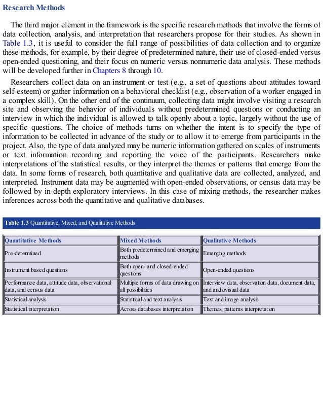 Research Methods
The third major element in the framework is the specific research methods that involve the forms of
data collection, analysis, and interpretation that researchers propose for their studies. As shown in
Table 1.3, it is useful to consider the full range of possibilities of data collection and to organize
these methods, for example, by their degree of predetermined nature, their use of closed-ended versus
open-ended questioning, and their focus on numeric versus nonnumeric data analysis. These methods
will be developed further in Chapters 8 through 10.
Researchers collect data on an instrument or test (e.g., a set of questions about attitudes toward
self-esteem) or gather information on a behavioral checklist (e.g., observation of a worker engaged in
a complex skill). On the other end of the continuum, collecting data might involve visiting a research
site and observing the behavior of individuals without predetermined questions or conducting an
interview in which the individual is allowed to talk openly about a topic, largely without the use of
specific questions. The choice of methods turns on whether the intent is to specify the type of
information to be collected in advance of the study or to allow it to emerge from participants in the
project. Also, the type of data analyzed may be numeric information gathered on scales of instruments
or text information recording and reporting the voice of the participants. Researchers make
interpretations of the statistical results, or they interpret the themes or patterns that emerge from the
data. In some forms of research, both quantitative and qualitative data are collected, analyzed, and
interpreted. Instrument data may be augmented with open-ended observations, or census data may be
followed by in-depth exploratory interviews. In this case of mixing methods, the researcher makes
inferences across both the quantitative and qualitative databases.
Table 1.3 Quantitative, Mixed, and Qualitative Methods
Quantitative Methods Mixed Methods Qualitative Methods
Pre-determined
Both predetermined and emerging
methods
Emerging methods
Instrument based questions
Both open- and closed-ended
questions
Open-ended questions
Performance data, attitude data, observational
data, and census data
Multiple forms of data drawing on
all possibilities
Interview data, observation data, document data,
and audiovisual data
Statistical analysis Statistical and text analysis Text and image analysis
Statistical interpretation Across databases interpretation Themes, patterns interpretation
 