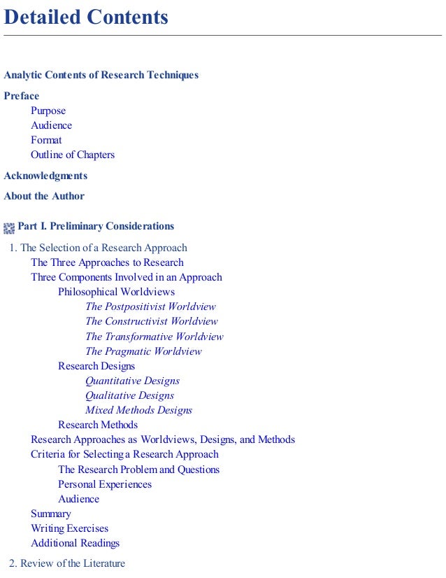 Detailed Contents
Analytic Contents of Research Techniques
Preface
Purpose
Audience
Format
Outline of Chapters
Acknowledgments
About the Author
Part I. Preliminary Considerations
1. The Selection of a Research Approach
The Three Approaches to Research
Three Components Involved in an Approach
Philosophical Worldviews
The Postpositivist Worldview
The Constructivist Worldview
The Transformative Worldview
The Pragmatic Worldview
Research Designs
Quantitative Designs
Qualitative Designs
Mixed Methods Designs
Research Methods
Research Approaches as Worldviews, Designs, and Methods
Criteria for Selecting a Research Approach
The Research Problem and Questions
Personal Experiences
Audience
Summary
Writing Exercises
Additional Readings
2. Review of the Literature
 