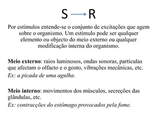S R
Por estímulos entende-se o conjunto de excitações que agem
sobre o organismo. Um estímulo pode ser qualquer
elemento ou objecto do meio externo ou qualquer
modificação interna do organismo.
Meio externo: raios luminosos, ondas sonoras, partículas
que afectam o olfacto e o gosto, vibrações mecânicas, etc.
Ex: a picada de uma agulha.
Meio interno: movimentos dos músculos, secreções das
glândulas, etc.
Ex: contracções do estômago provocados pela fome.
 