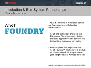 Incubation & Eco-System Partnerships
Example use case
The AT&T Foundry™ innovation centers
are fast-paced and collaborative
environments.
• AT&T and technology providers like
Ericsson or Cisco team-up to deliver
the latest applications and services into
the hands of customers very quickly
• An example of one project that the
AT&T Foundry™ incubated is a product
architecture which allows you to use
your cell phone as a wireless hotel key
Source: http://www.att.com/gen/press-room?pid=2949
 