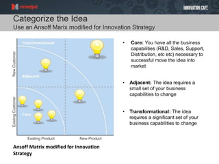 Categorize the Idea
Use an Ansoff Marix modified for Innovation Strategy
Ansoff Matrix modified for Innovation
Strategy
• Core: You have all the business
capabilities (R&D, Sales, Support,
Distribution, etc etc) necessary to
successful move the idea into
market
• Adjacent: The idea requires a
small set of your business
capabilities to change
• Transformational: The idea
requires a significant set of your
business capabilities to change
 