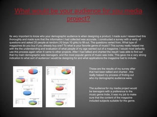 What would be your audience for you media project?Its very important to know who your demographic audience is when designing a product, I made sure I researched this thoroughly and made sure that the information I had collected was accurate. I constructed a survey with a verity of questions and asked 20 people at random (10 boys 10 girls) to fill out. The questions varied from, What type of magazines do you buy if you already buy one? To what is your favorite genre of music? This survey really helped me with the the understanding and evaluation of what people of my age wanted out of a magazine. I would most defiantly use this process again when It came to other projects. After I had tallied and charted the result I was able to find out that my main demographic was teenagers  and the most popular genre of music was indie. This gave me a very strong indication to what sort of audience I would be designing for and what applications the magazine had to include.These are the results of my survey after that had been tallied and charted , this really helped my process of finding out who my demographic audience were.The audience for my media project would be teenagers with a preference to the music genre Indie, it was my job to make sure that the content of the magazine included subjects suitable for the genre.