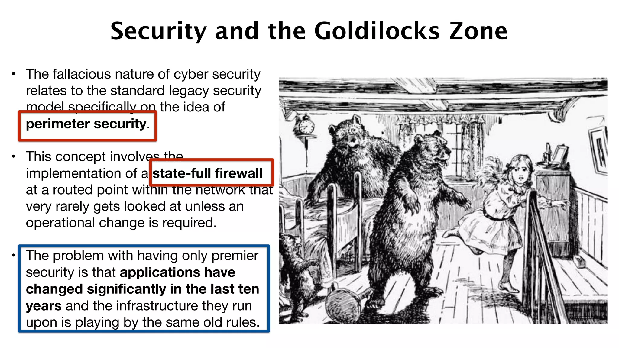 Security and the Goldilocks Zone
• The fallacious nature of cyber security
relates to the standard legacy security
model specifically on the idea of
perimeter security. 

• This concept involves the
implementation of a state-full firewall
at a routed point within the network that
very rarely gets looked at unless an
operational change is required. 

• The problem with having only premier
security is that applications have
changed significantly in the last ten
years and the infrastructure they run
upon is playing by the same old rules. 
 