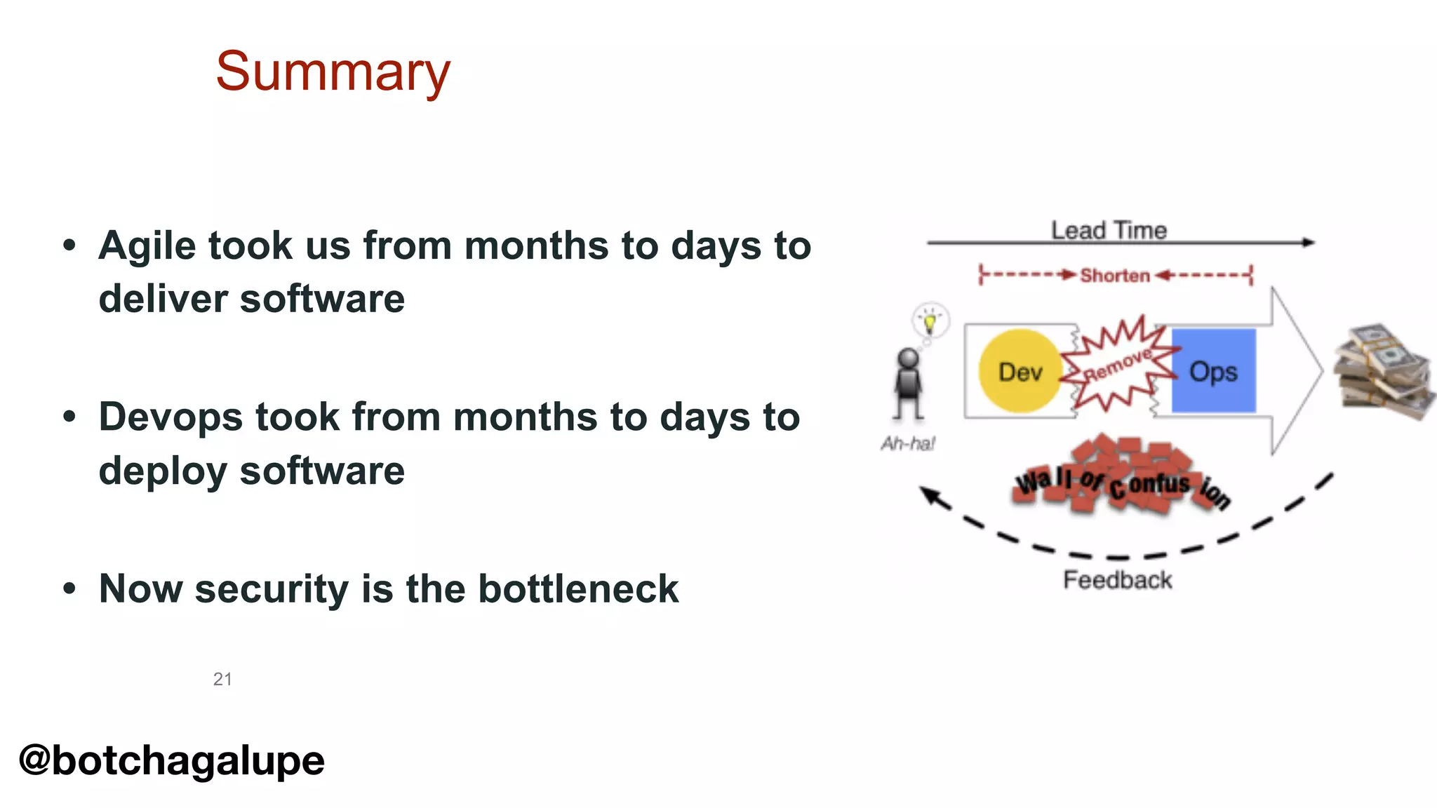 21
Summary
• Agile took us from months to days to
deliver software
• Devops took from months to days to
deploy software
• Now security is the bottleneck
@botchagalupe
 