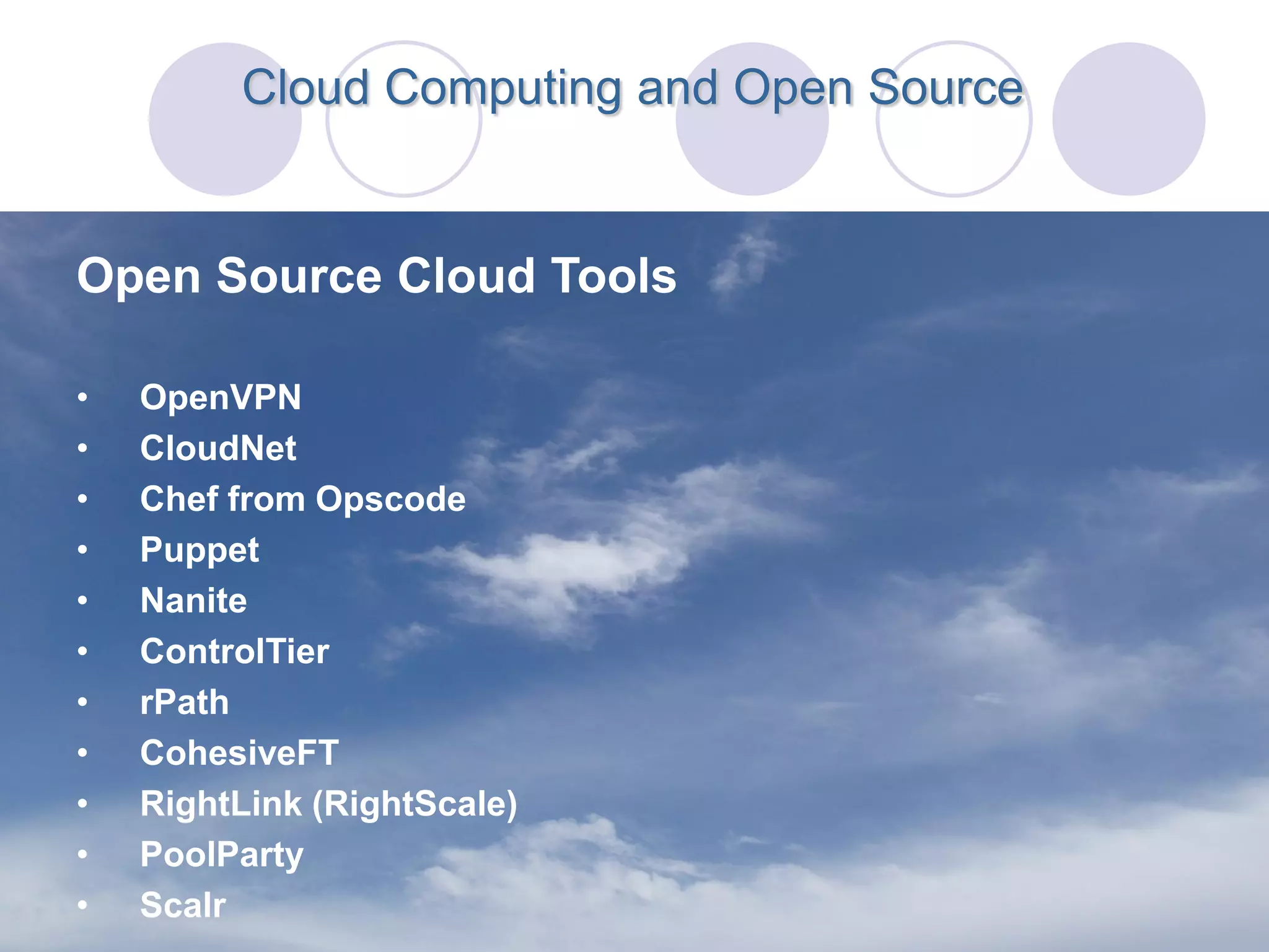 Cloud Computing and Open Source


Open Source Cloud Tools

•   OpenVPN
•   CloudNet
•   Chef from Opscode
•   Puppet
•   Nanite
•   ControlTier
•   rPath
•   CohesiveFT
•   RightLink (RightScale)
•   PoolParty
•   Scalr
 