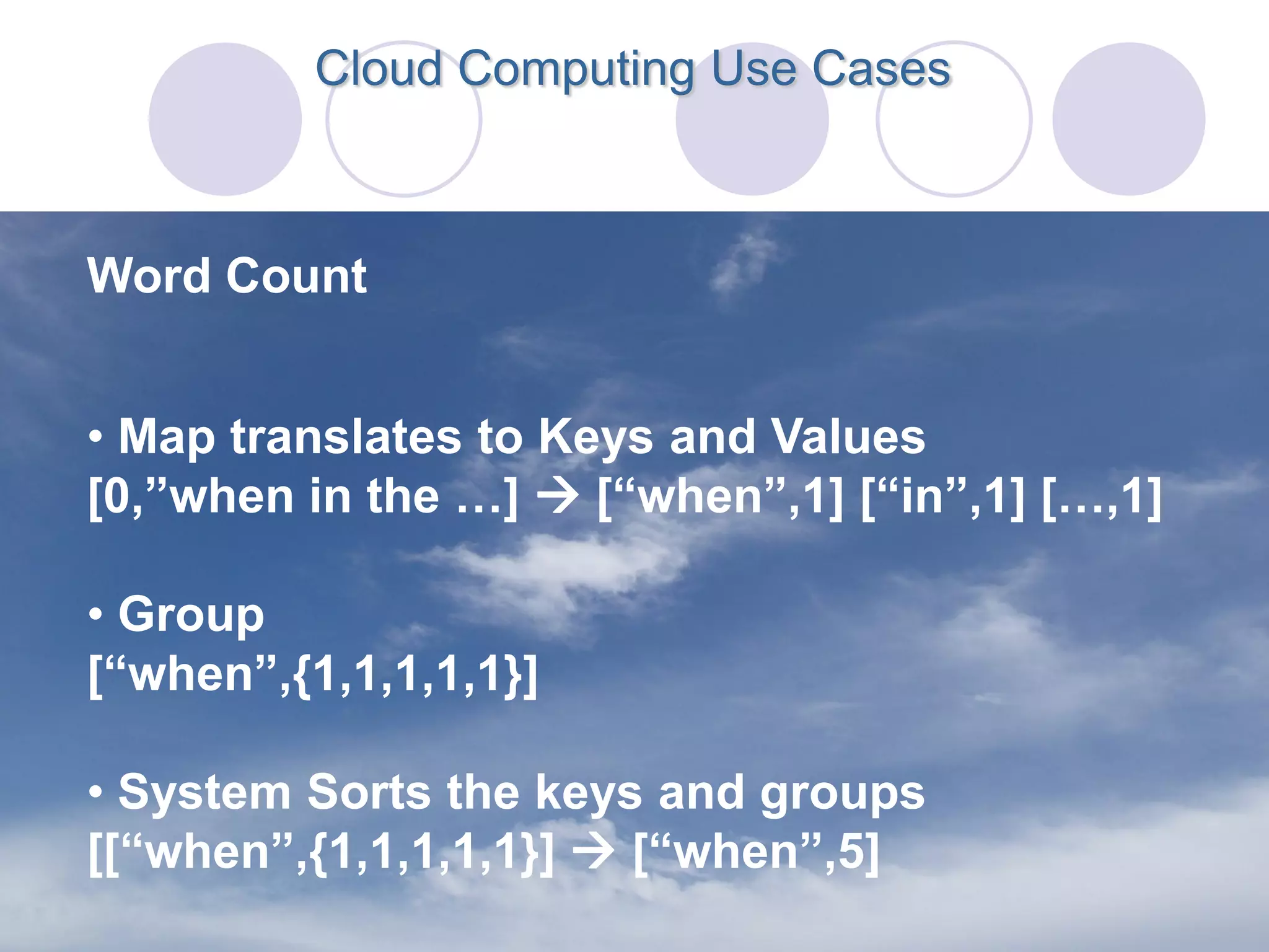 Cloud Computing Use Cases



Word Count


• Map translates to Keys and Values
[0,”when in the …]  [“when”,1] [“in”,1] […,1]

• Group
[“when”,{1,1,1,1,1}]

• System Sorts the keys and groups
[[“when”,{1,1,1,1,1}]  [“when”,5]
 