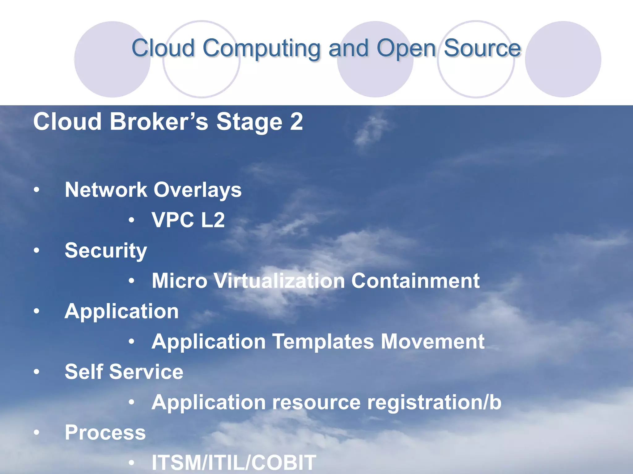 Cloud Computing and Open Source


Cloud Broker’s Stage 2

•   Network Overlays
          • VPC L2
•   Security
          • Micro Virtualization Containment
•   Application
          • Application Templates Movement
•   Self Service
          • Application resource registration/b
•   Process
          • ITSM/ITIL/COBIT
 