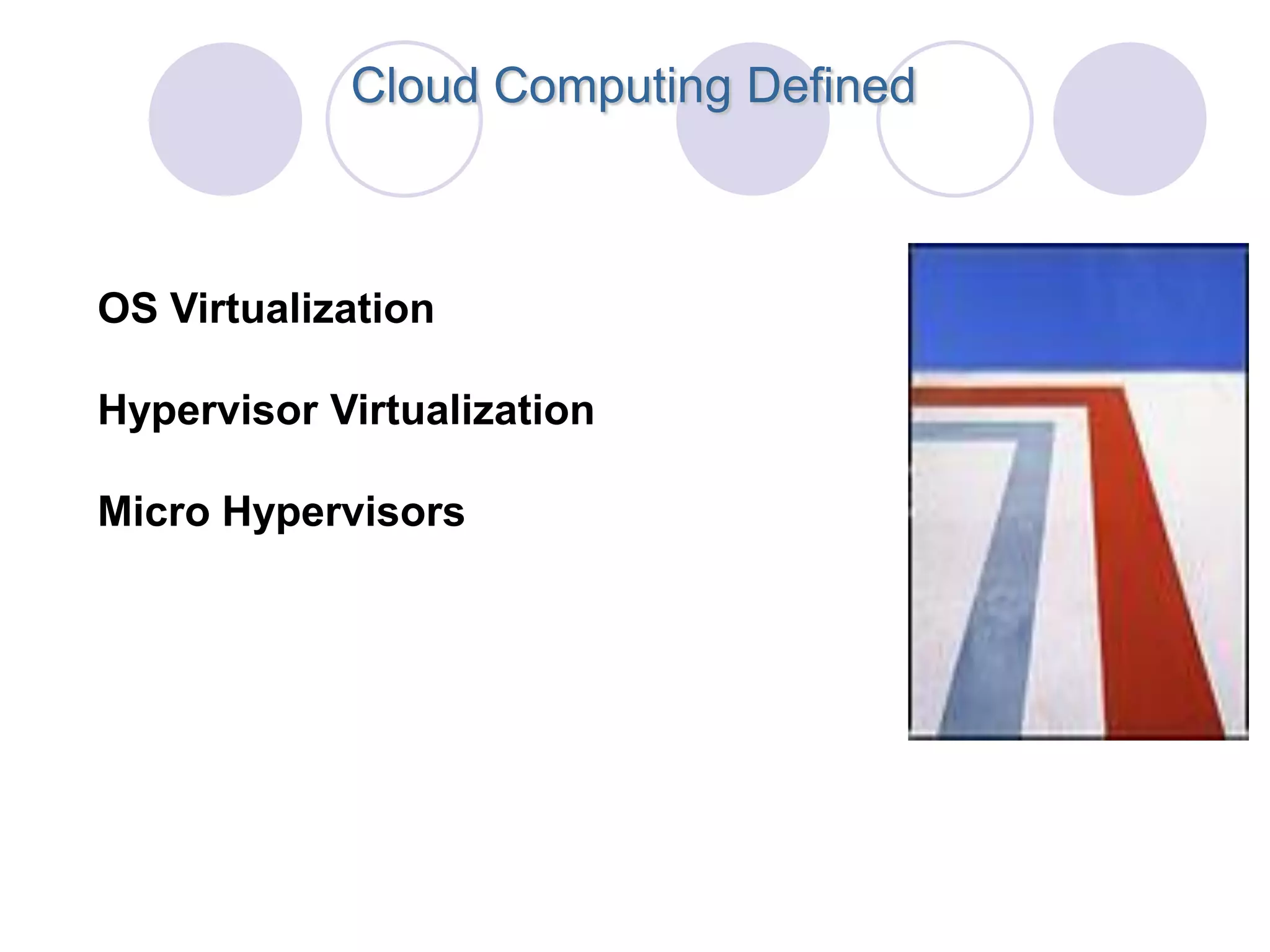 Cloud Computing Defined



OS Virtualization

Hypervisor Virtualization

Micro Hypervisors
 
