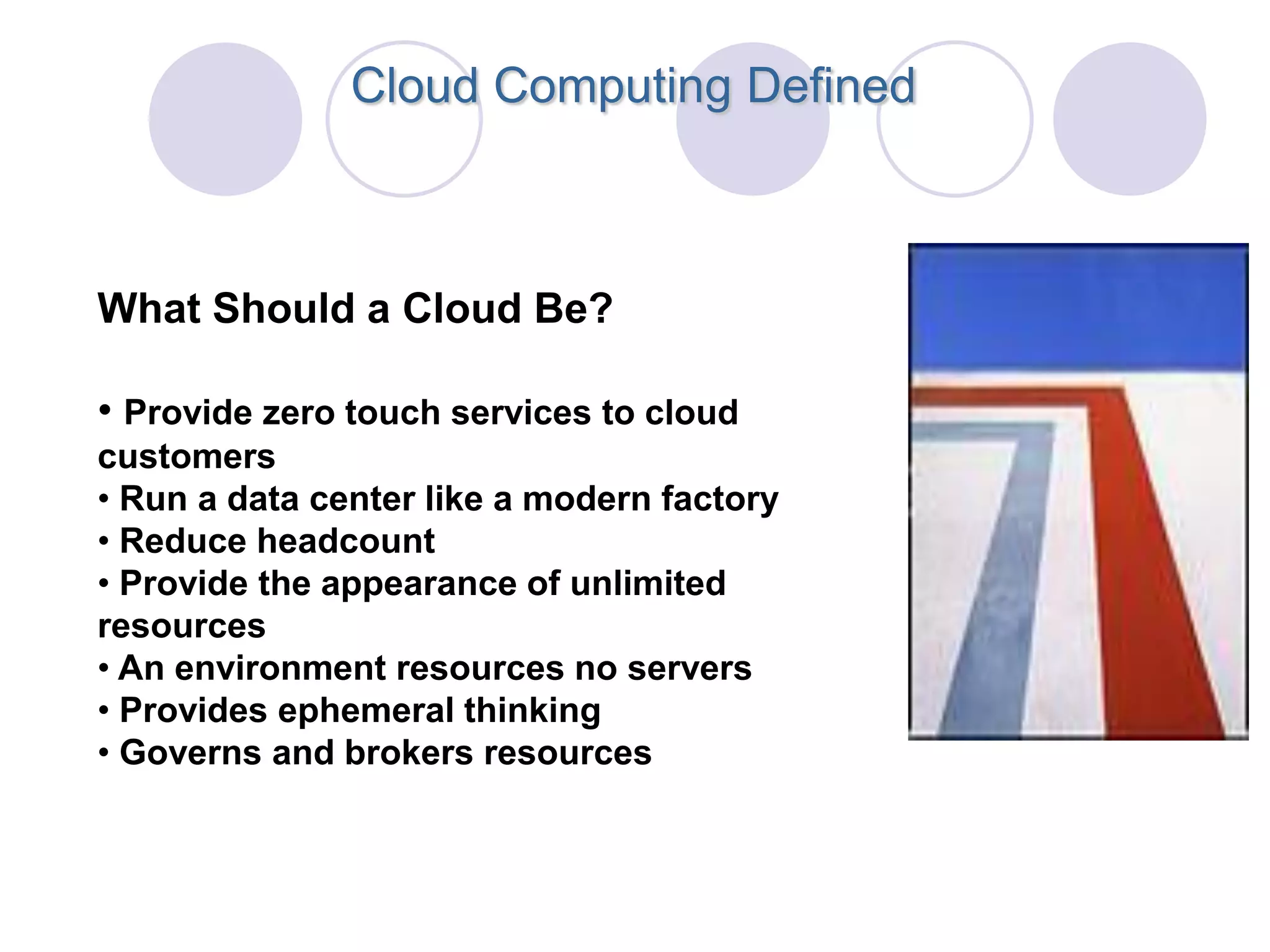 Cloud Computing Defined



What Should a Cloud Be?

• Provide zero touch services to cloud
customers
• Run a data center like a modern factory
• Reduce headcount
• Provide the appearance of unlimited
resources
• An environment resources no servers
• Provides ephemeral thinking
• Governs and brokers resources
 