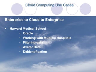 Cloud Computing Use Cases


Enterprise to Cloud to Enterprise

•   Harvard Medical School
          • Oracle
          • Working with Multiple Hospitals
          • Filtering data
          • Avatar Data
          • Deidentification
 
