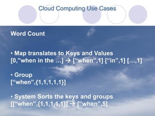 Cloud Computing Use Cases



Word Count


• Map translates to Keys and Values
[0,”when in the …]  [“when”,1] [“in”,1] […,1]

• Group
[“when”,{1,1,1,1,1}]

• System Sorts the keys and groups
[[“when”,{1,1,1,1,1}]  [“when”,5]
 