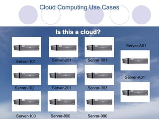 Cloud Computing Use Cases



                  Is this a cloud?

                                          Server-A01



Server-101      Server-201   Server-901



                                          Server-A01

Server-102      Server-201   Server-903




Server-103      Server-800   Server-990
 