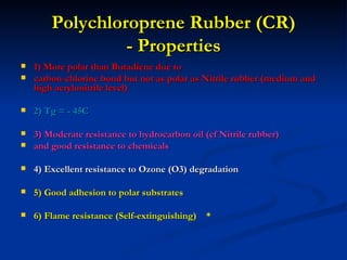 Polychloroprene Rubber (CR)
                 - Properties
   1) More polar than Butadiene due to
   carbon-chlorine bond but not as polar as Nitrile rubber (medium and
    high acrylonitrile level)

   2) Tg = - 45C

   3) Moderate resistance to hydrocarbon oil (cf Nitrile rubber)
   and good resistance to chemicals

   4) Excellent resistance to Ozone (O3) degradation

   5) Good adhesion to polar substrates

   6) Flame resistance (Self-extinguishing) *
 