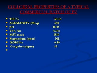 COLLOIDAL PROPERTIES OF A TYPICAL
        COMMERCIAL BATCH OF PV
   TSC %                60.46
   ALKALINITY (Meq)     360
   pH                 10.45
   VFA No              0.011
   MST (sec)           1510
   Magnesium (ppm)       Nil
   KOH No               0.59
   Coagulum (ppm)       43

 