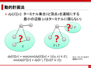 動的計画法
 𝑑𝑝 𝑆 𝑣 : ⁡ターミナル集合𝑆と頂点𝑣を連結にする
            最小の辺数 (𝑣はターミナルに限らない)
         𝑢       𝑣
                                 𝑣
                                       ?     𝑇



       ?                       ?
                               𝑆∖ 𝑇
             𝑆


 𝑑𝑝 𝑆 𝑣 = min⁡ min 𝑑𝑝 𝑆 𝑢 + 1| 𝑢, 𝑣 ∈ 𝐸 ,
             (                              ※ループしているので
    min 𝑑𝑝 𝑇 𝑣 + 𝑑𝑝 𝑆 ∖ 𝑇 𝑣 𝑇 ⊆ 𝑆})         幅優先で行う



                                                         53
 
