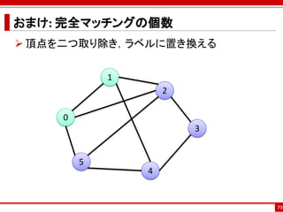 おまけ: 完全マッチングの個数
 頂点を二つ取り除き，ラベルに置き換える

             1
                     2

     0
                         3


         5
                 4


                             79
 