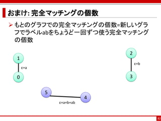 おまけ: 完全マッチングの個数
 もとのグラフでの完全マッチングの個数=新しいグラ
  フでラベルabをちょうど一回ずつ使う完全マッチング
  の個数

                              2
 1
                                  ε+b
     ε+a

 0                            3

           5
                          4
               ε+a+b+ab


                                        82
 