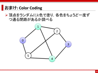 おまけ: Color Coding
 頂点をランダムに𝑘色で塗り，各色をちょうど一度ず
  つ通る閉路があるか調べる
               1
                        2

       0
                            3


           5
                    4


                                85
 