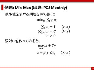 例題: Min-Max (出典: POJ Monthly)
最小値を求める問題をLPで書くと、
min 𝜇 σ𝑖 𝑞𝑖 𝜇𝑖
σ𝑖 𝜇𝑖 = 1
σ𝑖 𝑝𝑖 𝜇𝑖 = 𝐶
𝜇𝑖 ≥ 0
双対LPを作ってみると、
max
𝑥,𝑦
𝑥 + 𝐶𝑦
𝑥...