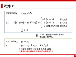 双対LP
minimize 𝑓 σ 𝑒∈𝐸 𝑤𝑒 𝑓𝑒
s.t. 𝑓 𝛿− 𝑣 − 𝑓 𝛿+ 𝑣 = ൞
−1 𝑣 = 𝑠 (× 𝑝𝑠)
1 𝑣 = 𝑡 (× 𝑝𝑡)
0 otherwise (× 𝑝 𝑣)
𝑓𝑒 ≥ 0
maximize 𝑝 𝑝𝑡 − 𝑝𝑠
s.t. 𝑝 𝑣 − 𝑝 𝑢 ≤ 𝑤 𝑢𝑣 (× 𝑓𝑢𝑣)
31
= ただし、整数解で一致するとは
まだ言っていない
目的関数・制約ともに「二変数の差」の形
二変数の差が現れたら双対ゲーを疑おう！
 
