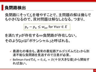 負閉路検出
負閉路にそって𝑓𝑒を増やすことで、主問題の解は幾らで
も小さくなるので、双対問題は解なしとなる。つまり、
を満たす𝑝が存在する⇔負閉路が存在しない。
そのような𝑝は「ポテンシャル」と呼ばれる。
 最適化の場合も、通常の最短路アルゴリズムだと𝑠から到
達不能な負閉路を見逃すので注意が必要。
 Bellman-Fordで𝑑 𝑠 = 0, 𝑑 𝑣 = 𝐷(十分大きな値)から開始す
れば良い。
33
𝑝 𝑣 − 𝑝 𝑢 ≤ 𝑤 𝑢𝑣 for ∀𝑢𝑣 ∈ 𝐸
 