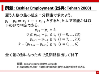 例題: Cashier Employment (出典: Tehran 2000)
雇う人数の最小値を二分探索で求めよう。
𝑝𝑖 − 𝑝0 ≔ 𝑥0 + ⋯ + 𝑥𝑖−1 とすると、𝑘 人で可能かは以
下のLPで判定できる。
𝑝24 − 𝑝0 = 𝑘
0 ≤ 𝑝𝑖+1 − 𝑝𝑖 ≤ 𝑐𝑖 (𝑖 = 0, … , 23)
𝑝𝑖+1 − 𝑝𝑖−7 ≥ 𝑟𝑖 (𝑖 = 7, … , 23)
𝑘 − 𝑝17+𝑖 − 𝑝𝑖+1 ≥ 𝑟𝑖 𝑖 = 0, … , 6
全て差の形になったので負閉路検出して終了
40
類題: YamanoteLine (SRM553Hard)
円形区間和の上限・下限制約で総和の取りうる値の総数を求める
 