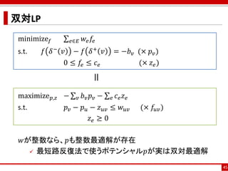 双対LP
minimize 𝑓 σ 𝑒∈𝐸 𝑤𝑒 𝑓𝑒
s.t. 𝑓 𝛿−
𝑣 − 𝑓 𝛿+
𝑣 = −𝑏 𝑣 (× 𝑝 𝑣)
0 ≤ 𝑓𝑒 ≤ 𝑐 𝑒 (× 𝑧 𝑒)
maximize 𝑝,𝑧 − σ 𝑣 𝑏 𝑣 𝑝 𝑣 − σ 𝑒 𝑐 𝑒 𝑧 𝑒
s.t. 𝑝 𝑣 − 𝑝 𝑢 − 𝑧 𝑢𝑣 ≤ 𝑤 𝑢𝑣 (× 𝑓𝑢𝑣)
𝑧 𝑒 ≥ 0
𝑤が整数なら、𝑝も整数最適解が存在
 最短路反復法で使うポテンシャル𝑝が実は双対最適解
45
=
 