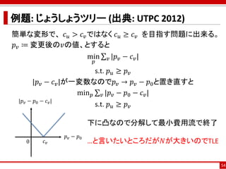 例題: じょうしょうツリー (出典: UTPC 2012)
簡単な変形で、 𝑐 𝑢 > 𝑐 𝑣ではなく 𝑐 𝑢 ≥ 𝑐 𝑣 を目指す問題に出来る。
𝑝 𝑣 ≔ 変更後の𝑣の値、とすると
min
𝑝
σ 𝑣 |𝑝 𝑣 − 𝑐 𝑣|
s.t. 𝑝 𝑢 ≥ 𝑝 𝑣
|𝑝 𝑣 − 𝑐 𝑣|が一変数なので𝑝 𝑣 → 𝑝 𝑣 − 𝑝0と置き直すと
min 𝑝 σ 𝑣 |𝑝 𝑣 − 𝑝0 − 𝑐 𝑣|
s.t. 𝑝 𝑢 ≥ 𝑝 𝑣
54
𝑝 𝑣 − 𝑝0
0 𝑐 𝑣
|𝑝 𝑣 − 𝑝0 − 𝑐 𝑣|
下に凸なので分解して最小費用流で終了
…と言いたいところだが𝑁が大きいのでTLE
 