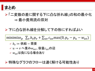 まとめ
 「二変数の差に関する下に凸な折れ線」の和の最小化
⇒ 最小費用流の双対
 下に凸な折れ線を分解して下の形にすればよい
 𝑏 𝑣 ≔ 供給 − 需要
 𝑢 → 𝑣 へ重み𝑤 𝑢𝑣、容量𝑐 𝑢𝑣の辺
 𝑤 𝑢𝑣は負になる場合あり
 特殊なグラフのフローは速く解ける可能性あり
59
minimize 𝑝 σ 𝑣 𝑏 𝑣 𝑝 𝑣 + σ 𝑢𝑣 𝑐 𝑢𝑣max(0, 𝑝 𝑣 − 𝑝 𝑢 − 𝑤 𝑢𝑣)
 
