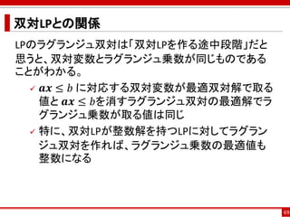 双対LPとの関係
LPのラグランジュ双対は「双対LPを作る途中段階」だと
思うと、双対変数とラグランジュ乗数が同じものである
ことがわかる。
 𝒂𝒙 ≤ 𝑏 に対応する双対変数が最適双対解で取る
値と 𝒂𝒙 ≤ 𝑏を消すラグランジュ双対の最適解でラ
グランジュ乗数が取る値は同じ
 特に、双対LPが整数解を持つLPに対してラグラン
ジュ双対を作れば、ラグランジュ乗数の最適値も
整数になる
69
 