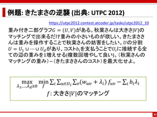 例題: きたまさの逆襲 (出典: UTPC 2012)
https://utpc2012.contest.atcoder.jp/tasks/utpc2012_10
重み付き二部グラフ𝐺 = (𝑈, 𝑉)がある。秋葉さんは大きさ|𝑉|の
マッチングで出来るだけ重みの小さいものが欲しい。きたまささ
んは重みを操作することで秋葉さんの妨害をしたい。𝑈の分割
𝑈 = 𝑈1 ∪ ⋯ ∪ 𝑈 𝑑があり、コスト𝑏𝑖を支払うことで𝑈𝑖に接続する全
ての辺の重みを1増えせる(複数回増やして良い)。（秋葉さんの
マッチングの重み）−（きたまささんのコスト）を最大化せよ。
80
max
𝜆1,…,𝜆 𝑑≥0
min
𝑓
σ𝑖 σ 𝑢∈𝑈 𝑖
σ 𝑣(𝑤 𝑢𝑣 + 𝜆𝑖) 𝑓𝑢𝑣 − σ𝑖 𝑏𝑖 𝜆𝑖
𝑓: 大きさ|𝑉|のマッチング
 