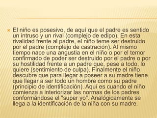    El niño es posesivo, de aquí que el padre es sentido
    un intruso y un rival (complejo de edipo). En esta
    rivalidad frente al padre, el niño teme ser destruido
    por el padre (complejo de castración). Al mismo
    tiempo nace una angustia en el niño o por el temor
    confirmado de poder ser destruido por el padre o por
    su hostilidad frente a un padre que, pese a todo, lo
    quiere (sentimiento de culpa). Finalmente el niño
    descubre que para llegar a poseer a su madre tiene
    que llegar a ser todo un hombre como su padre
    (principio de identificación). Aquí es cuando el niño
    comienza a interiorizar las normas de los padres
    conformándose el "super yo". Analógicamente se
    llega a la identificación de la niña con su madre.
 