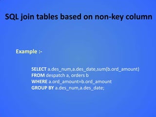 SQL join tables based on non-key column


  Example :-

       SELECT a.des_num,a.des_date,sum(b.ord_amount)
       FROM despatch a, orders b
       WHERE a.ord_amount=b.ord_amount
       GROUP BY a.des_num,a.des_date;
 