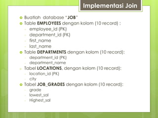 Implementasi Join
 Buatlah database “JOB”
 Table EMPLOYEES dengan kolom (10 record) :
- employee_id (PK)
- department_id (FK)
- first_name
- last_name
 Table DEPARTMENTS dengan kolom (10 record):
- department_id (PK)
- department_name
o Tabel LOCATIONS, dengan kolom (10 record):
- location_id (PK)
- city
 Tabel JOB_GRADES dengan kolom (10 record):
- grade
- lowest_sal
- Highest_sal
 