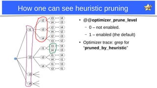 10
How one can see heuristic pruning
●
@@optimizer_prune_level
– 0 – not enabled.
– 1 – enabled (the default)
●
Optimizer trace: grep for
“pruned_by_heuristic”
t1
t1
t2
t2
t3
t4
t3
t4
t2
t4
t2
t3
t4
t3
t4
t2
t3
t2
t1
t3
t4
t3
t4
t1
t4
t1
t3
t4
t3
t4
t1
t3
t1
t3
t4
 