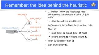 22
Remember: the idea behind the heuristic
– … we don’t know the “exchange ratio”
because we don’t know the costs of “join
suffix”
●
Also the suffixes are different!
– Let’s assume the suffixes have similar costs.
– Then, if
●
read_time_t1 < read_time_t2, AND
●
record_count_t1 < record_count_t2
– Then t1 “is better” than t2.
– Can prune away t2.
–
t0
t1
t2
t3
incoming_record_count
record_count_t1
record_count_t2
record_count_t3
read_time_t1
 