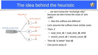 7
The idea behind the heuristic
– … we don’t know the “exchange ratio”
because we don’t know the costs of “join
suffix”
●
Also the suffixes are different!
– Let’s assume the suffixes have similar costs.
– Then, if
●
read_time_t1 < read_time_t2, AND
●
record_count_t1 < record_count_t2
– Then t1 “is better” than t2.
– Can prune away t2.
t0
t1
t2
t3
incoming_record_count
record_count_t1
record_count_t2
record_count_t3
read_time_t1
 