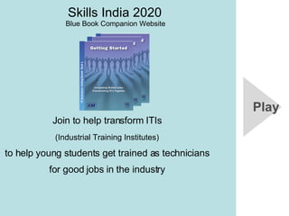 Skills India 2020  Blue Book Companion Website  Join to help transform ITIs  (Industrial Training Institutes)   to help young students get trained as technicians  for good jobs in the industry  Play 